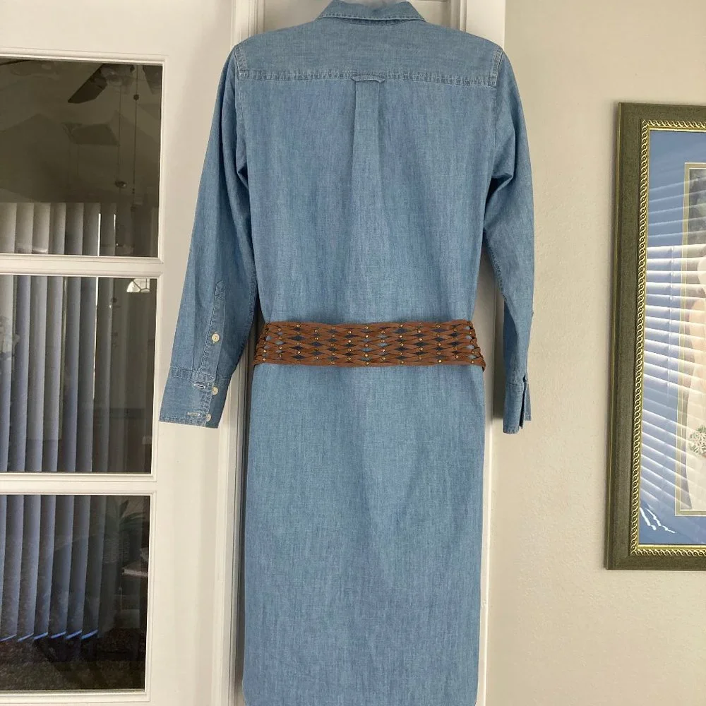 J Crew  Vintage Long Sleeve Denim Look Button Down Dress With Leather Belt   OOP